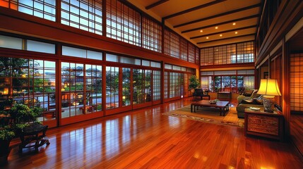 Poster - Spacious, modern interior with wooden floors and large windows.