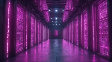 Poster - Futuristic corridor with glowing pink lights and walls.