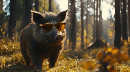 Funny wild boar wearing sunglasses in autumn forest. (1)