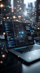Poster - a dark-themed workspace with a laptop showing a network map being infiltrated, highlighting the conc