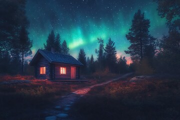 warm wooden cabin under northern lights