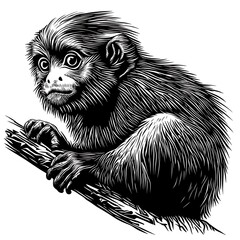 Wall Mural - Ink drawing of a small monkey sitting on a branch.