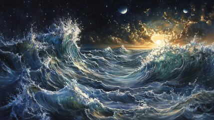 Wall Mural - Celestial Ocean Waves Under a Starry Night Sky