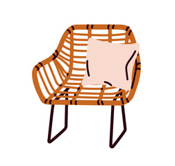 Poster - Rattan armchair, cushion. Woven wicker furniture from natural bamboo wood. Stylish cozy wooden seat in modern retro Scandinavian design, style. Flat vector illustration isolated on white background