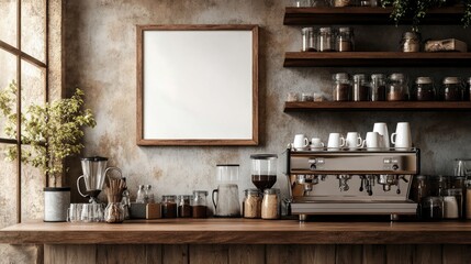 Poster - A rustic coffee shop corner with a blank frame on the wall, a sleek espresso machine on the counter, and wooden shelves filled with jars and cups