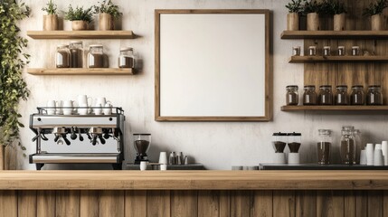 Poster - A rustic coffee shop corner with a blank frame on the wall, a sleek espresso machine on the counter, and wooden shelves filled with jars and cups