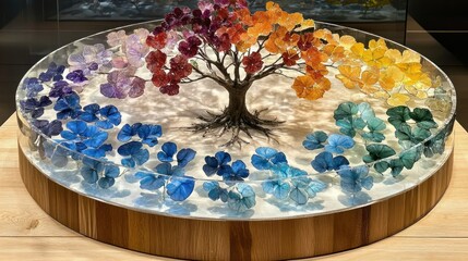 Poster - Colorful resin tree sculpture with floral design.