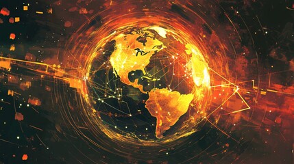 Poster - A vibrant planet earth illuminated with golden lines and fiery hues, representing connectivity and global networks.