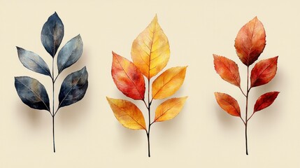 Three watercolor autumn leaves branches in blue, orange, and red tones on beige background.