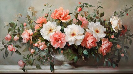 Poster - Elegant Pink and White Roses in a Classic Vase Still Life Painting