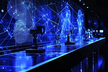 Poster - Futuristic Tech Devices on a Glowing Blue Network Display