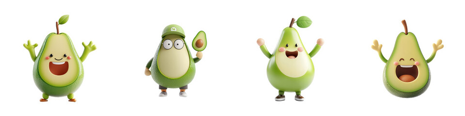 Wall Mural - 3D cartoon avocado, playful character isolated on white background. Mix Collection Png.