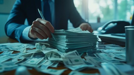 Poster - A businessman counts cash on a desk, surrounded by stacks of money, emphasizing themes of finance and wealth management.