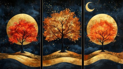 Wall Mural - Triptych of autumn tree under moon phases.