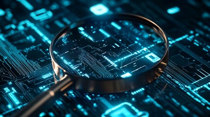Magnifying Glass on Circuit Board, Examining Tech, Abstract Background