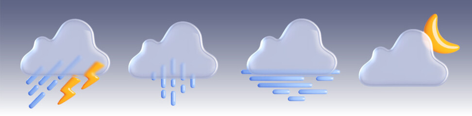 Poster - 3d weather icon with cloud, rain and sun vector. Rainy and lightning forecast element set for app or widget interface. Meteorology concept for precipitation per day. Glass graphic with blue and yellow