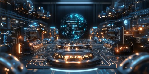 Poster - Futuristic Circuitry: Glowing Orb in a Cyberpunk Digital Landscape