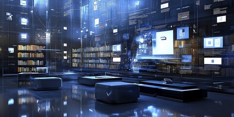 Poster - Digital Library: Futuristic Bookshelves & Data Streams in a Cool Blue Aesthetic
