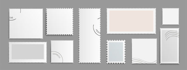 Poster - Postal stamp mockup set with express postmark prints - white rectangular frames in different dimensions and perforated borders. Clean shapes for philately collection, mail stationery or scrapbooking.