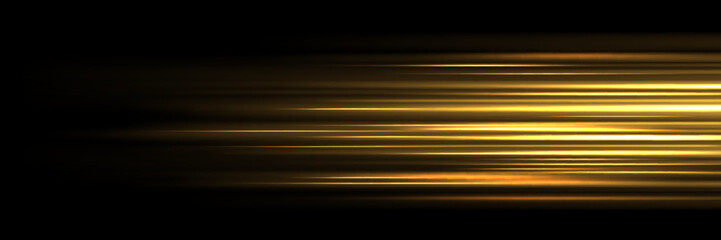 Poster - Speed light effect with golden rays stretching horizontally - bright luminous streaks creating motion blur on dark background. Dynamic glowing lines for high velocity movement futuristic design.