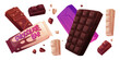 © klyaksun - Chocolate bar collection of wrapped candy package and unwrapped segments in dark and white varieties. Sweet treats displayed with segmented squares, purple packaging design and scattered pieces.