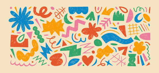 Poster - Naive playful crayon drawn abstract shapes, funky icons or stickers. Doodle contemporary figures, stars, squiggles, zigzag and other primitive geometric elements. Colorful hand drawn vector shapes.
