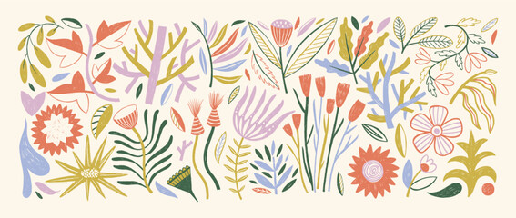 Leinwandbilder - Crayon drawn folk plants and flowers collection. Botanical cute elements. Linocut folk organic minimalist meadow plants. Vector graphic collection of branches, petals and flowers with pencil texture.
