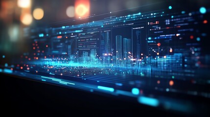 Poster - Futuristic Cityscape: Digital Skyline Illuminated with Neon Data Streams