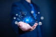 © c - Businessman show graphic AI chat on hand. Showcasing the genius of advanced technology, Chat with AI, Artificial Intelligence, Conversation assistant, Chat AI, help, support, transformation, develop
