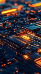 Aufkleber - An intricate close-up of a glowing circuit board, featuring vibrant orange and blue tones that enhance its technological aesthetic.
