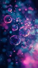 Poster - Colorful bubbles float through a dreamy, vibrant background filled with soft bokeh and a blend of purple and blue hues.