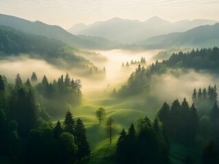 Wall Mural - Misty Mountain Valley Sunrise Forest Scene