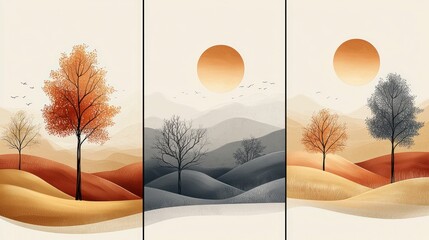 Canvas Print - Triptych of minimalist autumn landscapes with trees, hills, and sun.