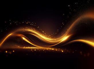 Fototapete - Golden waves shimmer and flow across a dark background, illuminated by glittering particles.  The elegant curves create a luxurious and dynamic feel.