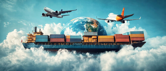 Wall Mural - Transporting goods across global horizons with cargo ships, trucks, trains, and planes in a vibrant blue setting