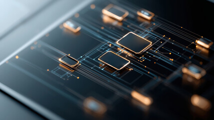 Poster - Low code platform concept. A close-up of a modern circuit board featuring intricate pathways and multiple microchips, showcasing advanced technology.