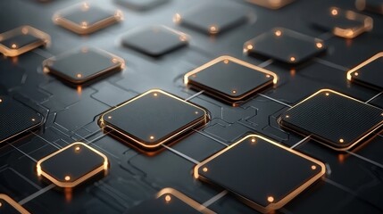 Fototapete - A close-up view of interconnected microchips on a dark circuit board, showcasing intricate designs and glowing edges.