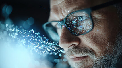 Poster - A focused man wearing glasses gazes intently at floating digital particles, illustrating themes of technology and innovation.