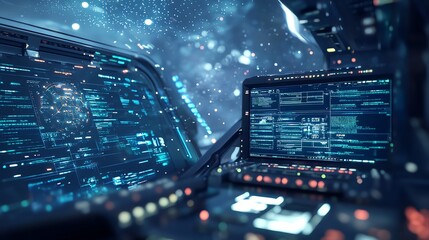 Poster - Futuristic Spaceship Console: Glowing Interface and Data Streams
