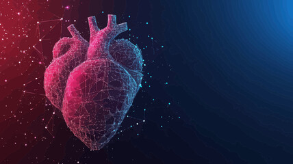 Poster - Low Poly Wireframe Human Heart with Pain Center on Dark Background, 3D Polygonal Abstract Heart Pain Mesh, Medicine Concept with Geometry Triangles and Points, Minimalist Vector Illustration