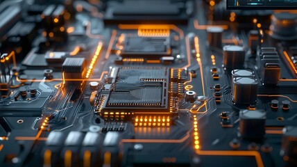 Poster - A close up of vibrant luminous photonic quantum circuits illuminated with captivating light pathways integrated with a futuristic virtual twin interface
