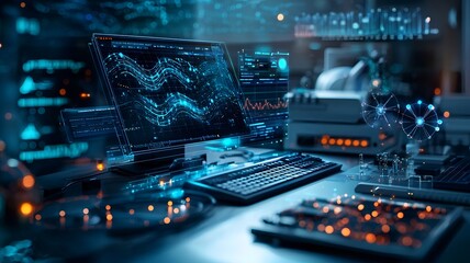Poster - Futuristic laboratory environment with quantum sensors mapping out gravitational waves combined with a virtual twin simulation leaving copy space on the left for text overlay