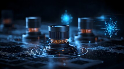 Poster - Highly detailed view of trapped ion quantum computing systems surrounded by intricate holographic representations of quantum states leaving copy space on the right for various applications