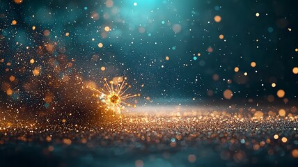Poster - Glowing quantum particles showcasing the dynamic visualization of information transfer in quantum teleportation experiments with copy space at the bottom left