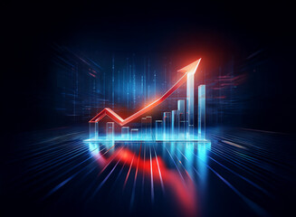 Wall Mural - A vibrant red arrow ascends a glowing bar graph, set against a futuristic, dark cityscape.  The image symbolizes growth, progress, and technological advancement.