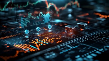 Poster - futuristic quantum computing forecasting market trends with holographic financial graphs illuminated