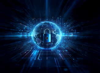Poster - a glowing blue earth encircled by a digital padlock, symbolizing global cybersecurity and data prote
