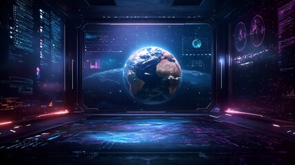 Poster - futuristic scene of quantum computing forecasting climate change impacts with holographic earth mode