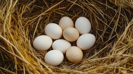 bird nest, straw nest, white eggs, cluster of eggs, natural texture, close-up, soft lighting, earthy tones, organic shapes, wildlife photography, rustic, farm fresh, Easter theme, nesting materials