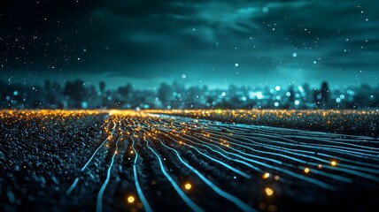 Poster - futuristic quantum computing powered map visualizing regional agricultural crop yield forecasts with